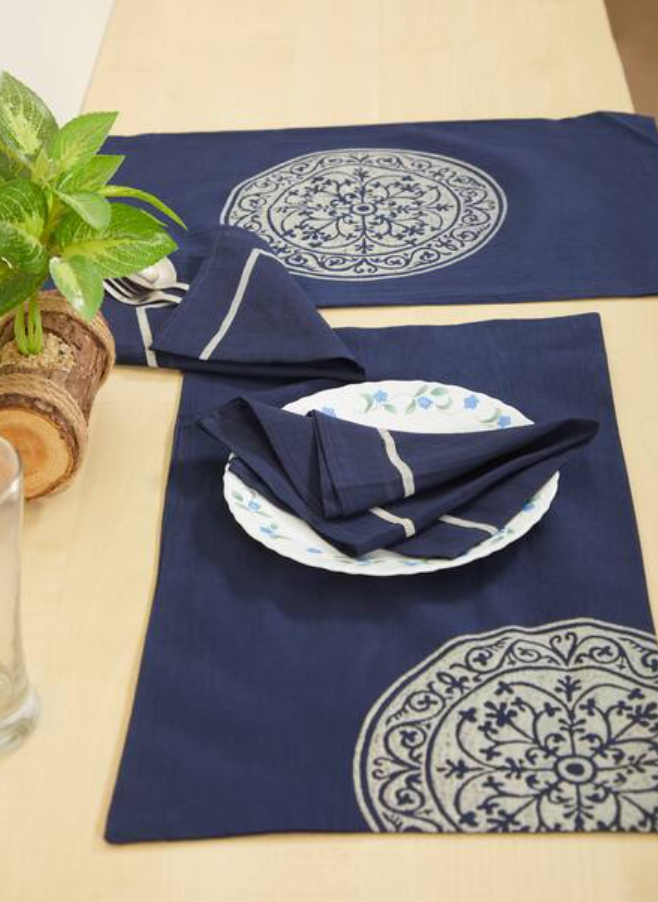 Rangoli Round Navy Blue Table Mat Sets with Napkins