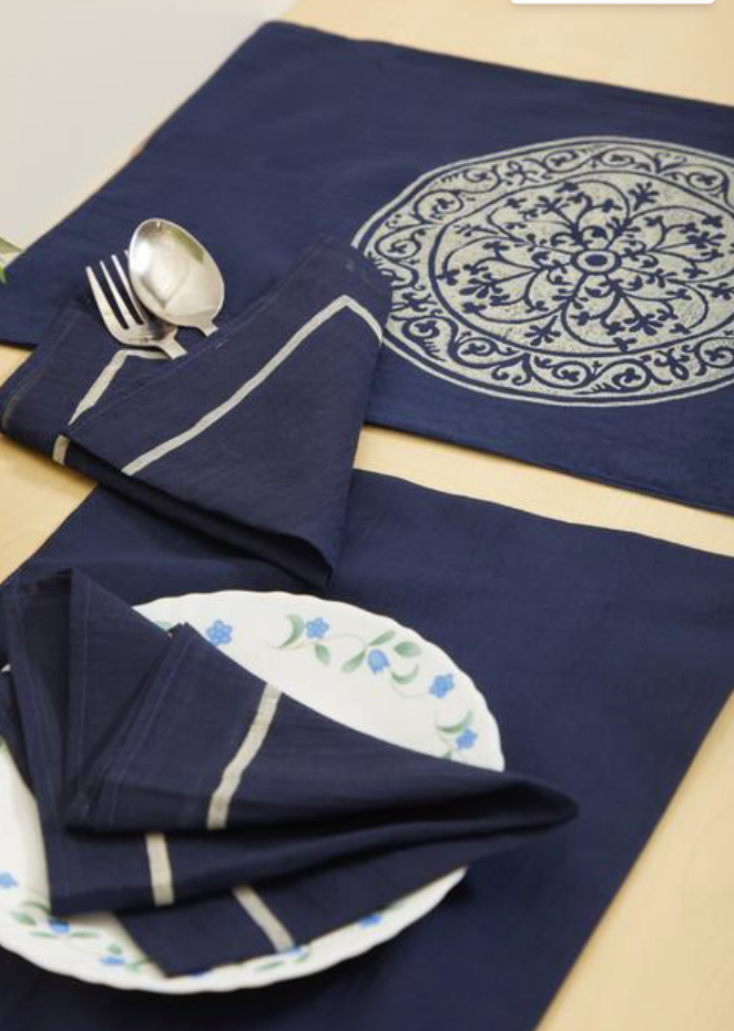 Rangoli Round Navy Blue Table Mat Sets with Napkins
