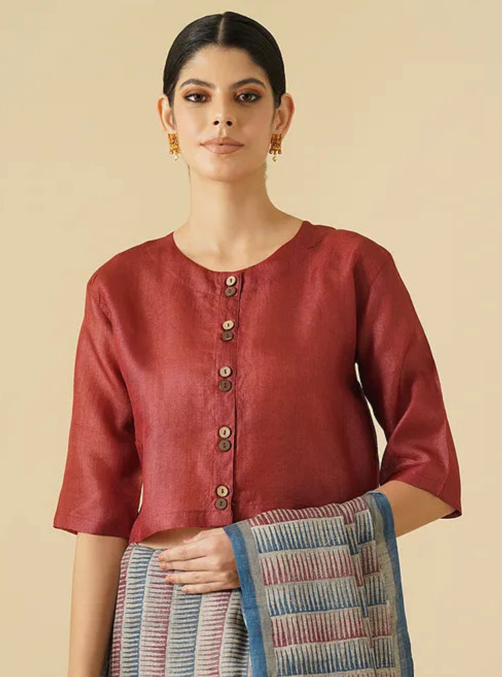 Maroon Tussar Blouse With Wooden Button