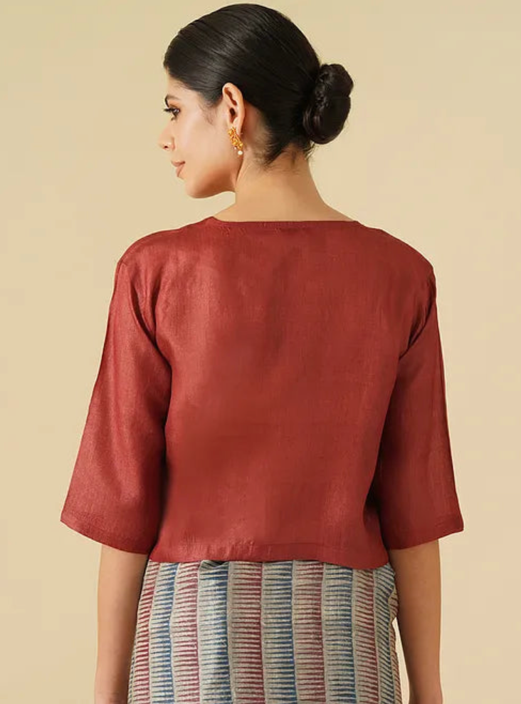 Maroon Tussar Blouse With Wooden Button