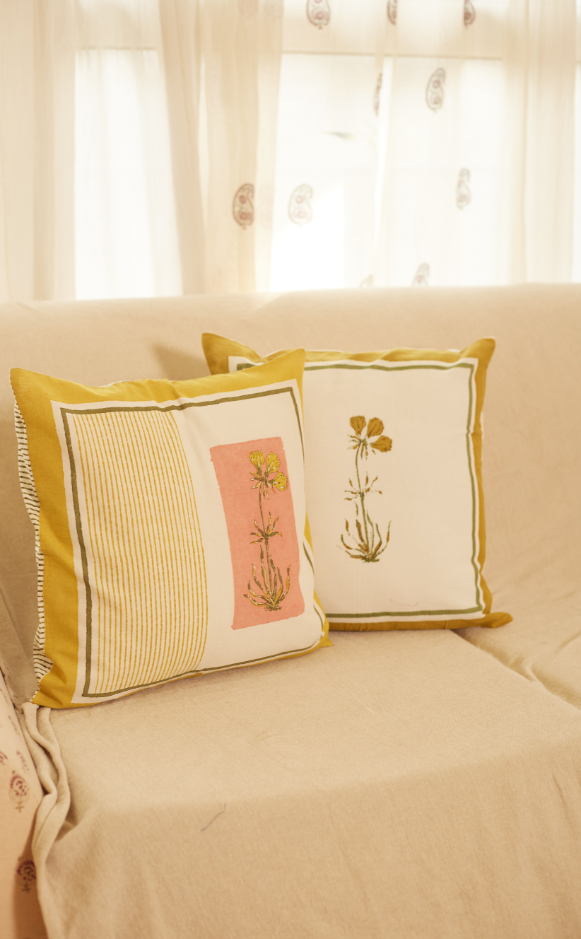 Rangoli Buta Yellow - Pink Cushion Covers (Set of 2)