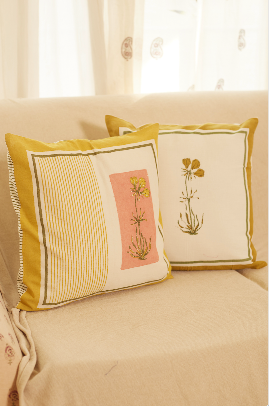 Rangoli Buta Yellow - Pink Cushion Covers (Set of 2)