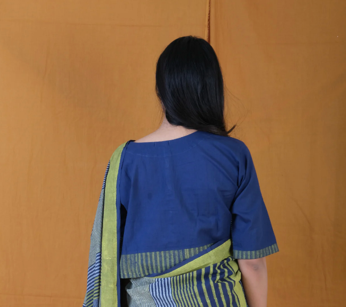 Navy Blue Stripes Block Printed Cotton Blouse