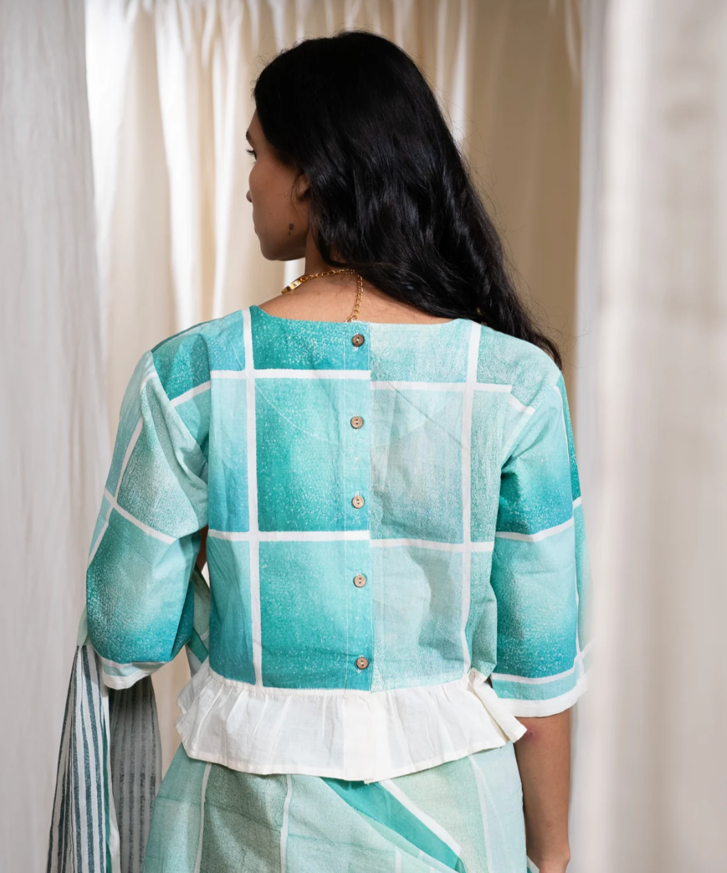 Blue-Green Block Printed Cotton Blouse