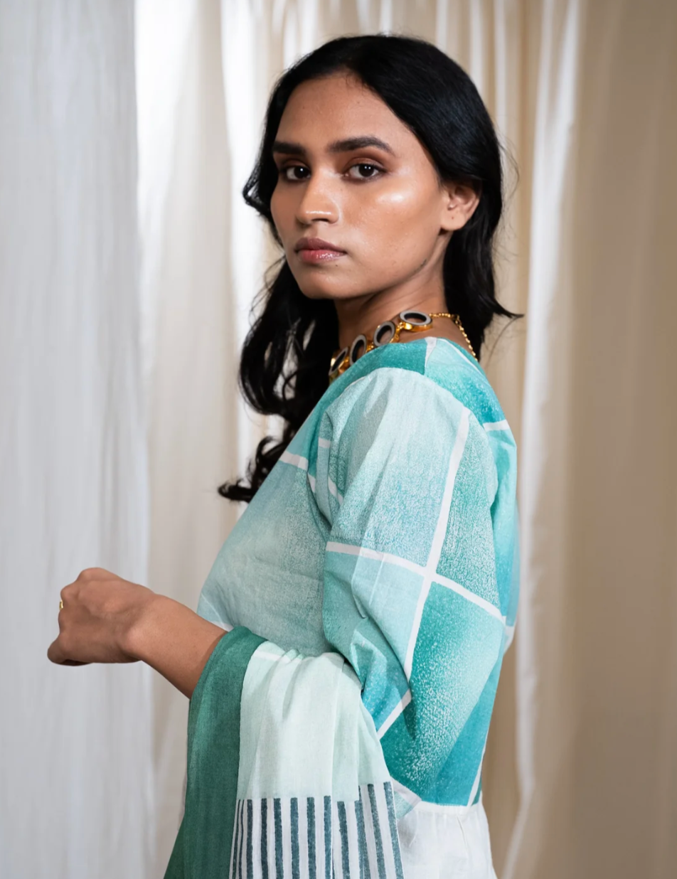 Blue-Green Block Printed Cotton Blouse