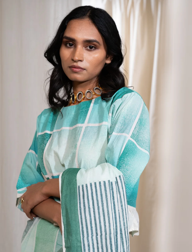 Blue-Green Block Printed Cotton Blouse