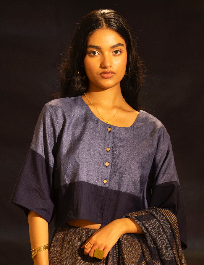 Blue Silk Tussar Blouse With Wooden Button