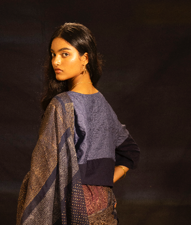 Blue Silk Tussar Blouse With Wooden Button