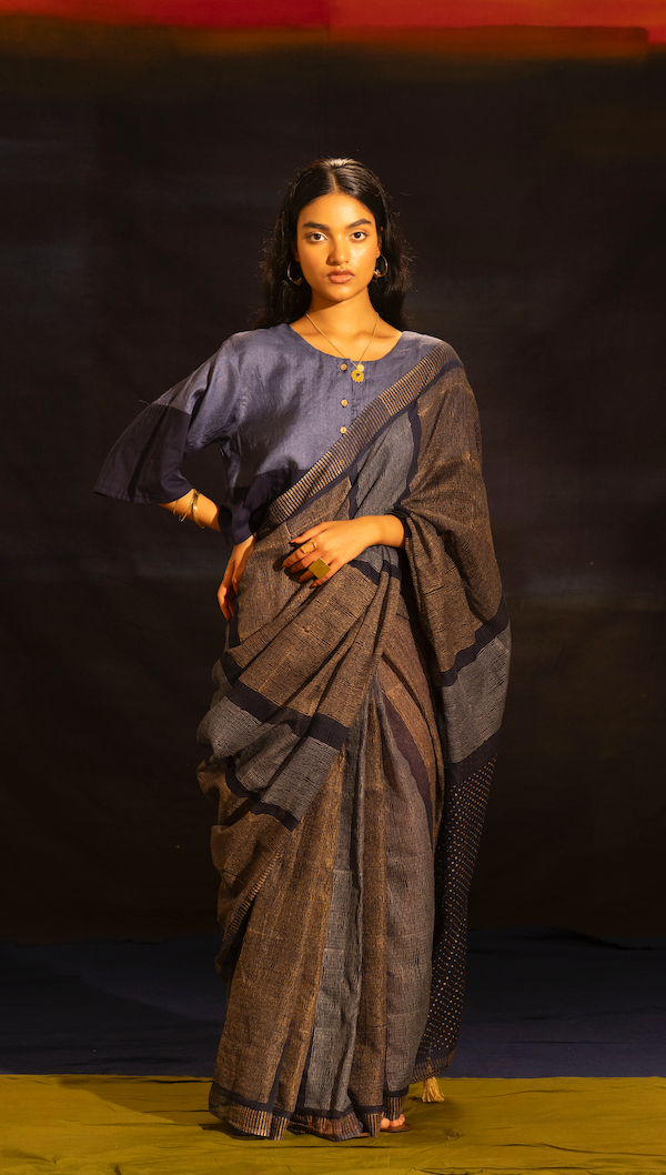 Blue Silk Tussar Blouse With Wooden Button
