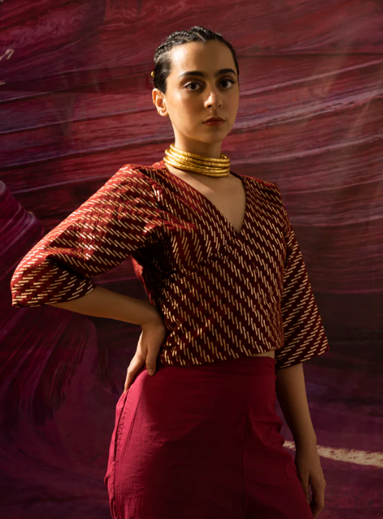 Maroon Zari Tie-Up Blouse Top with lining