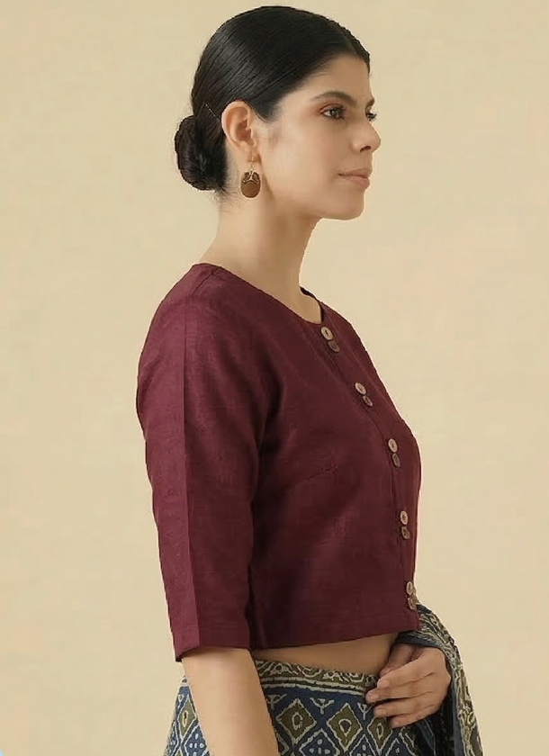 Wine Tussar Blouse With Wooden Button