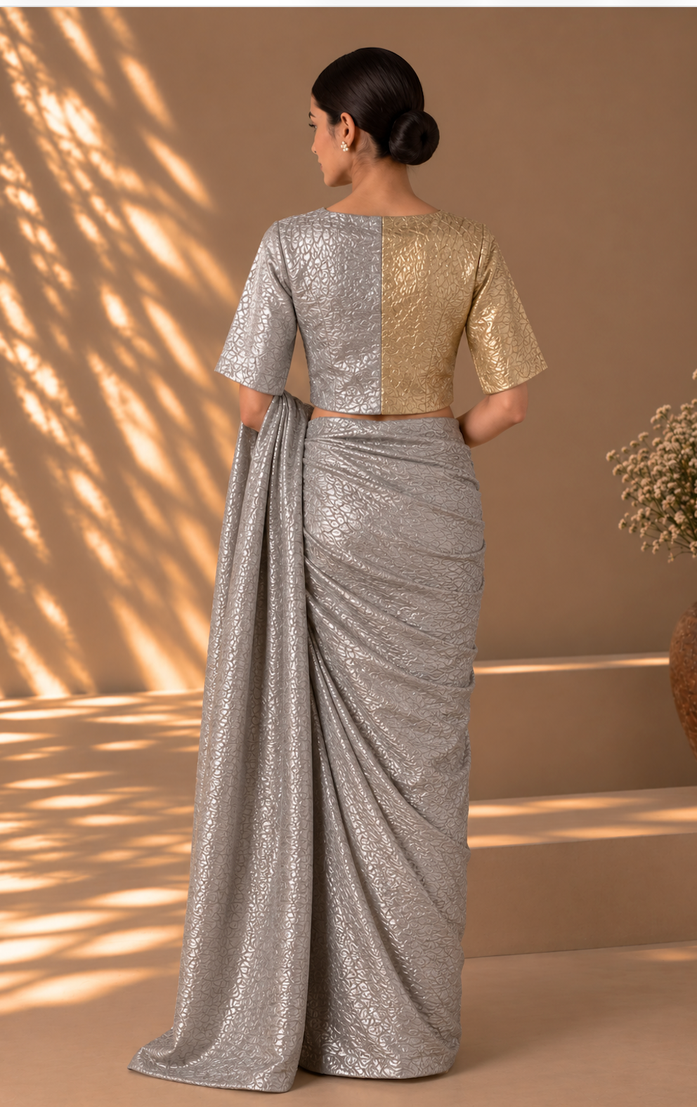 Gold Silver Medley V Neck Blouse with Lining