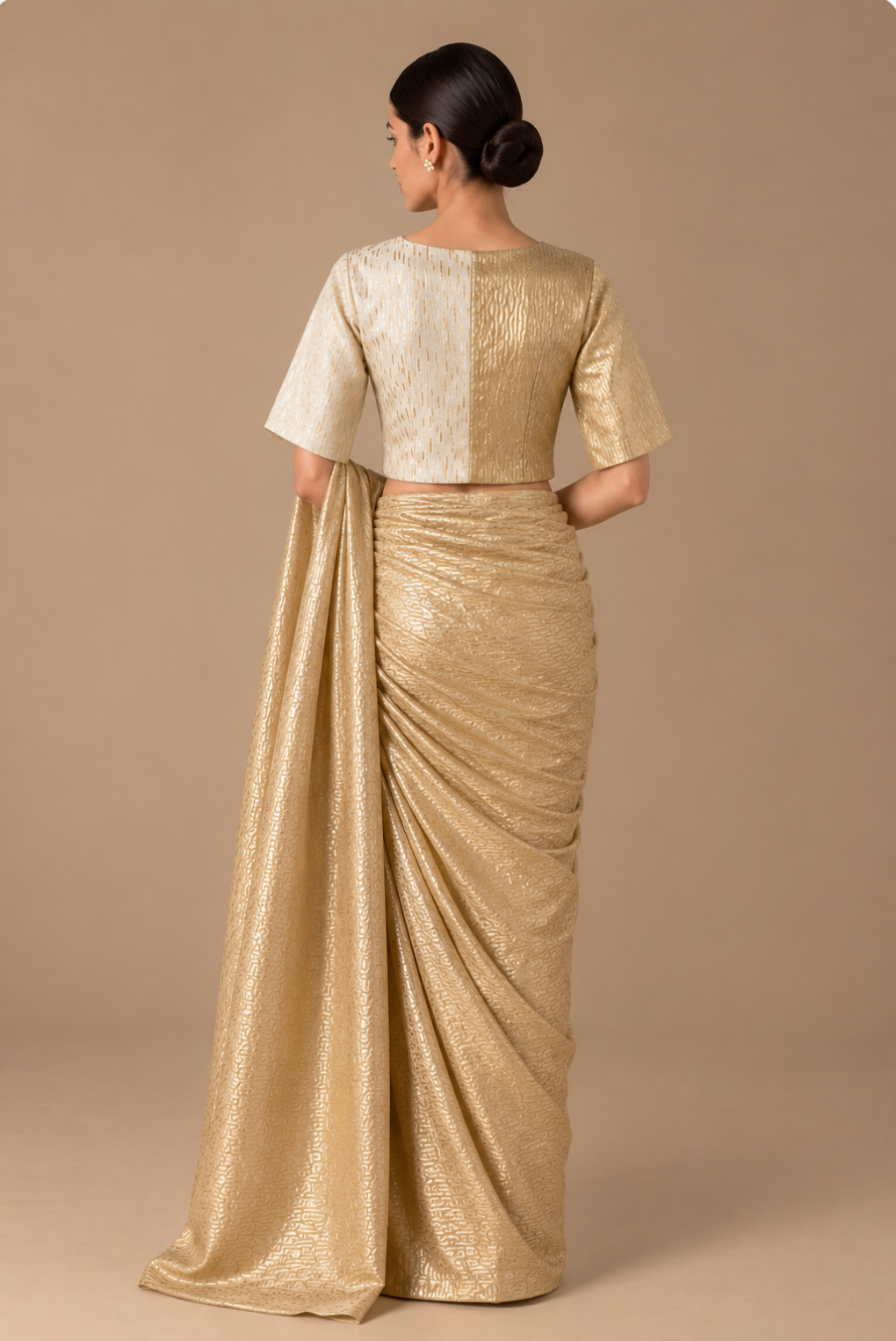 Gold Ivory Zari Medley V Neck Blouse with Lining