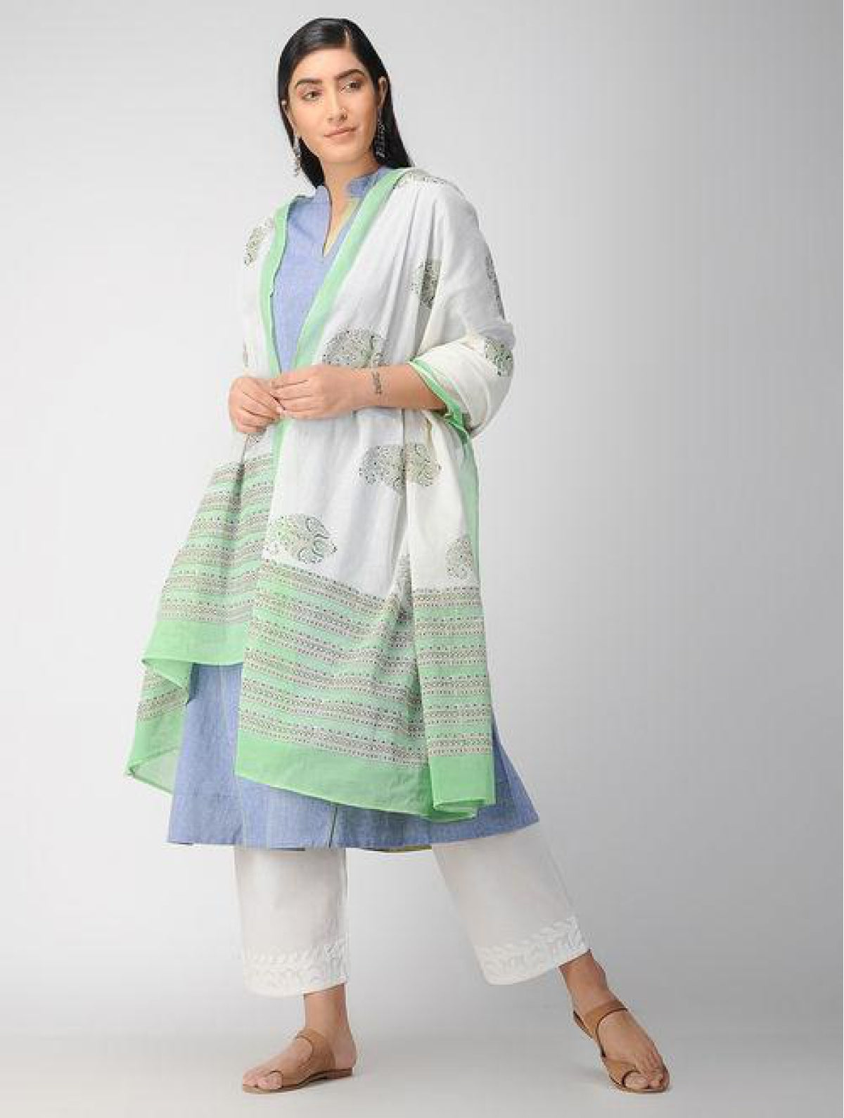 Hand Block Green And White Cotton Dupatta
