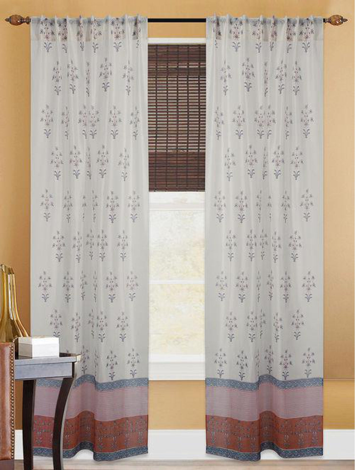 Chanderi Orange Boota Blue Curtains (Set of 2)