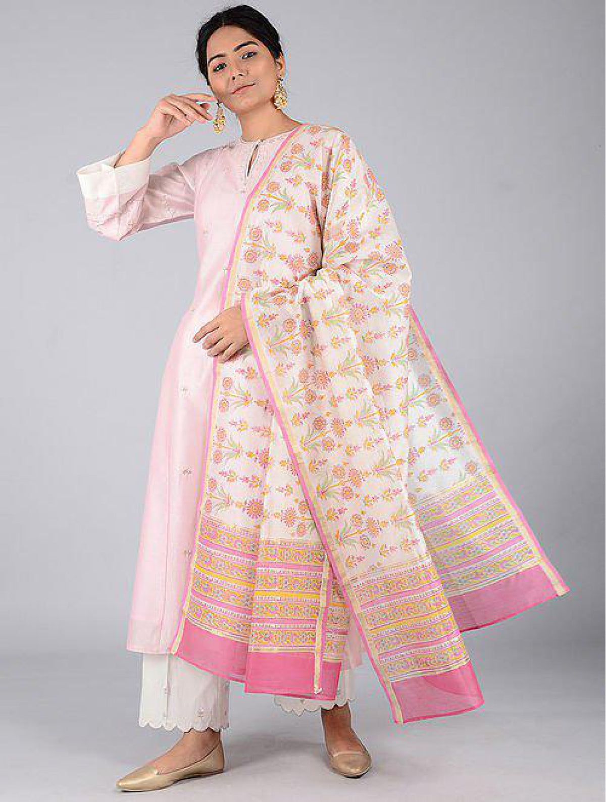 White-pink Chanderi Dupatta