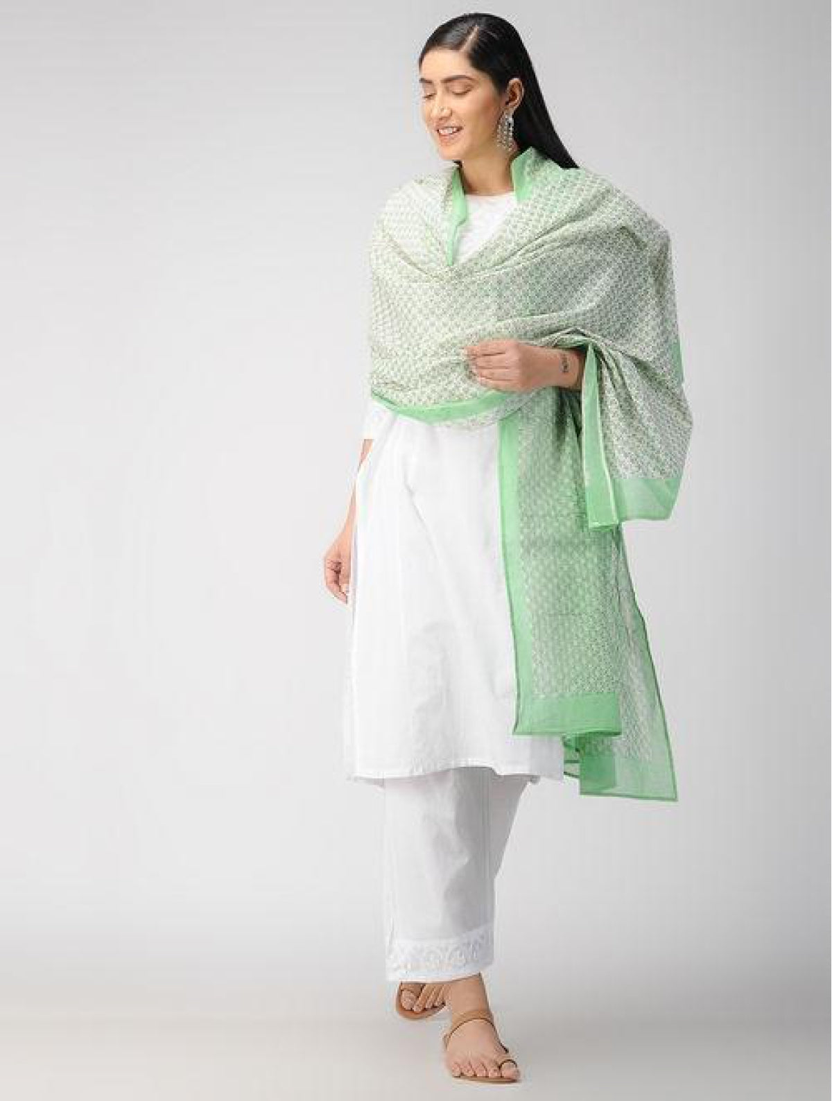 Hand Block White And Green Cotton Dupatta