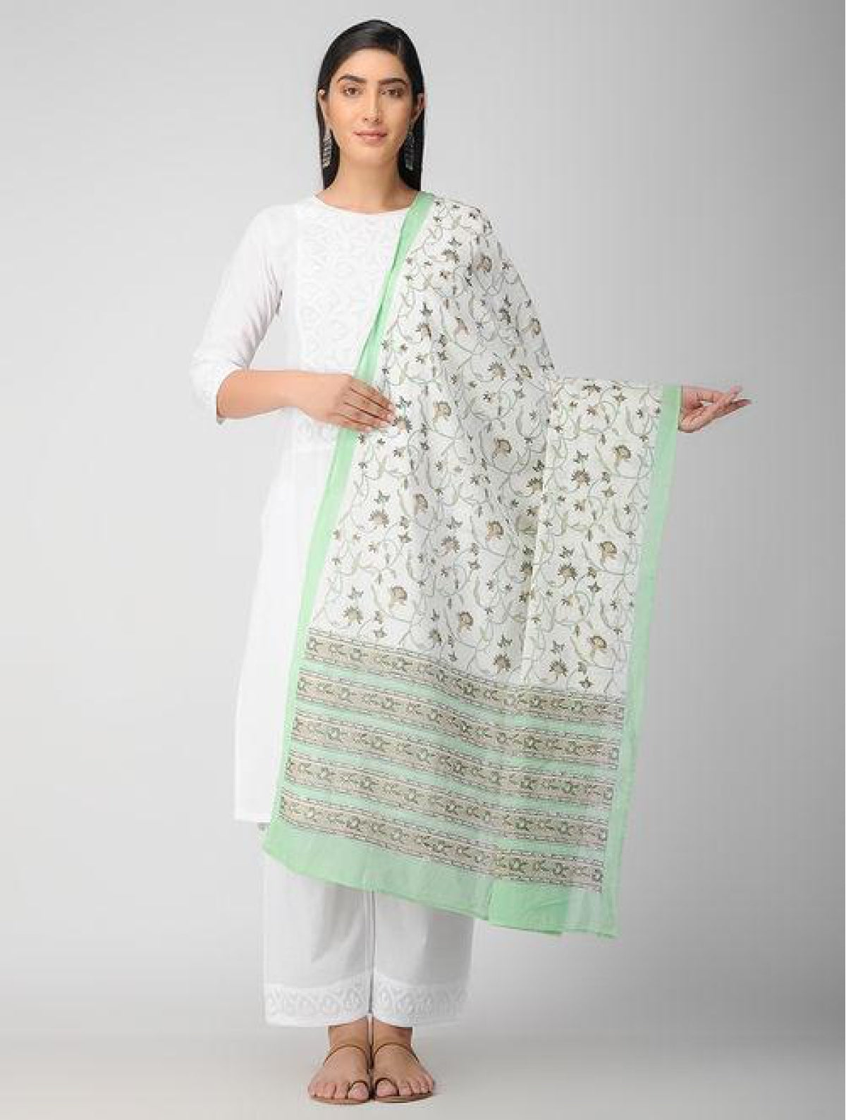 Hand Block Greenish White Cotton Dupatta