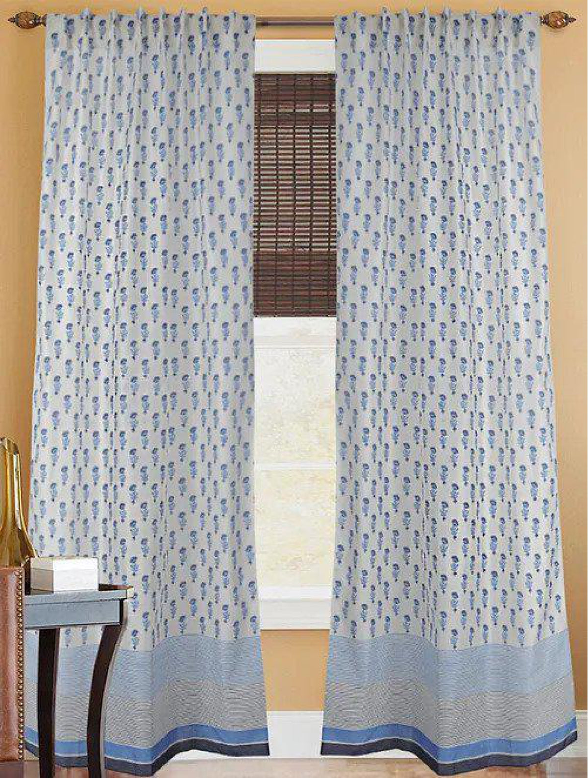 Set Of 2 White Hand Block Printed Curtain