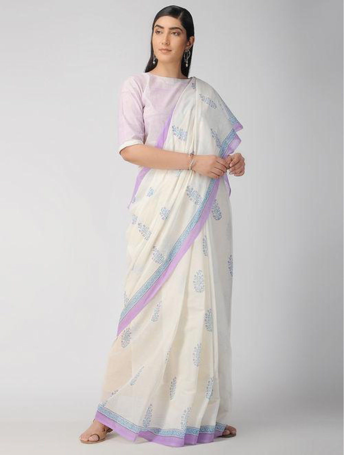 Handcrafted Cotton Hand Print White And Blue Saree