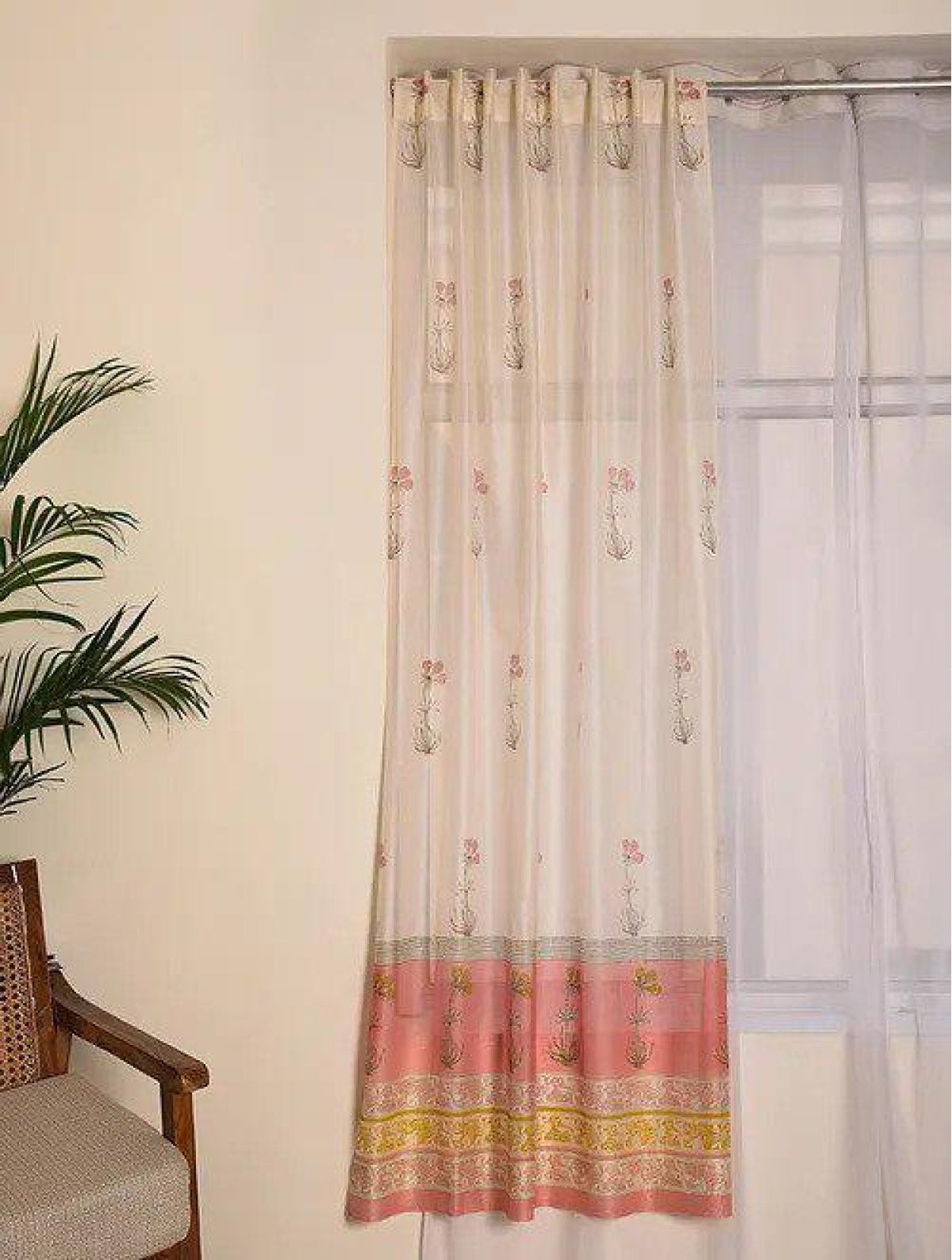 Set Of 2 White & Pink Hand Block Printed Curtain