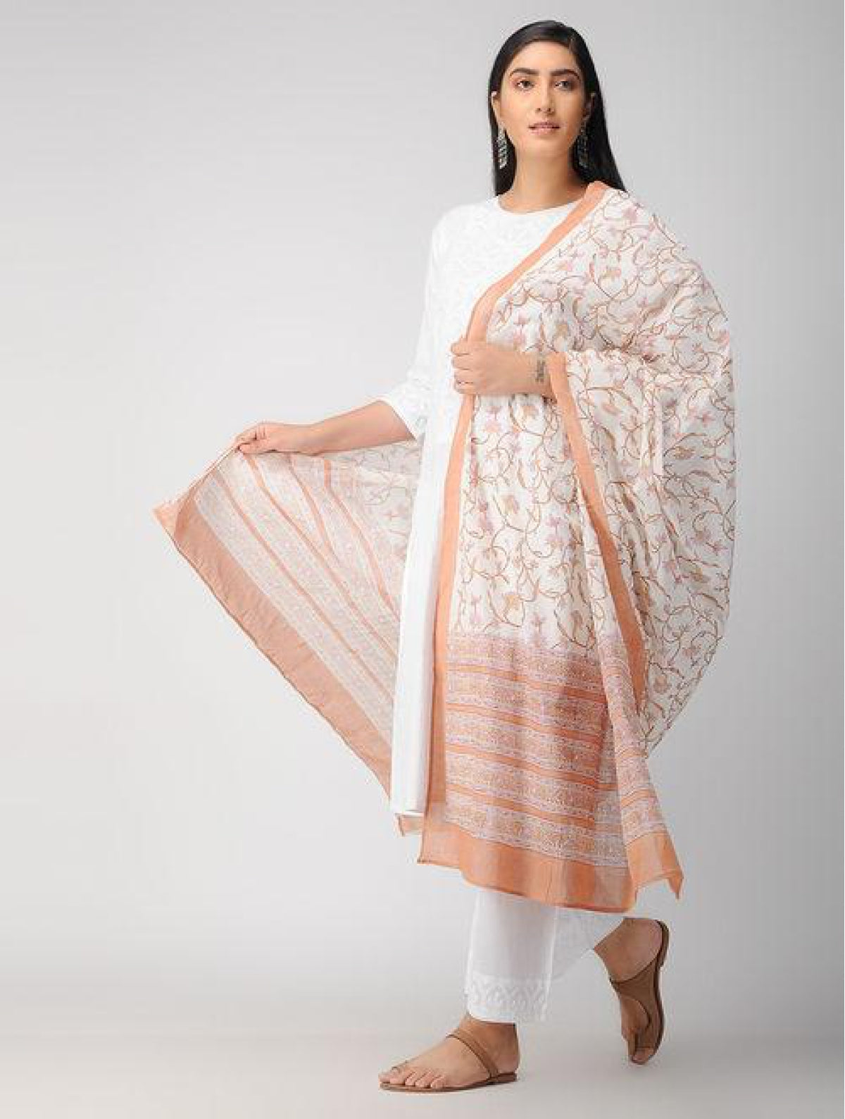 Hand Block White And Brown Cotton Dupatta
