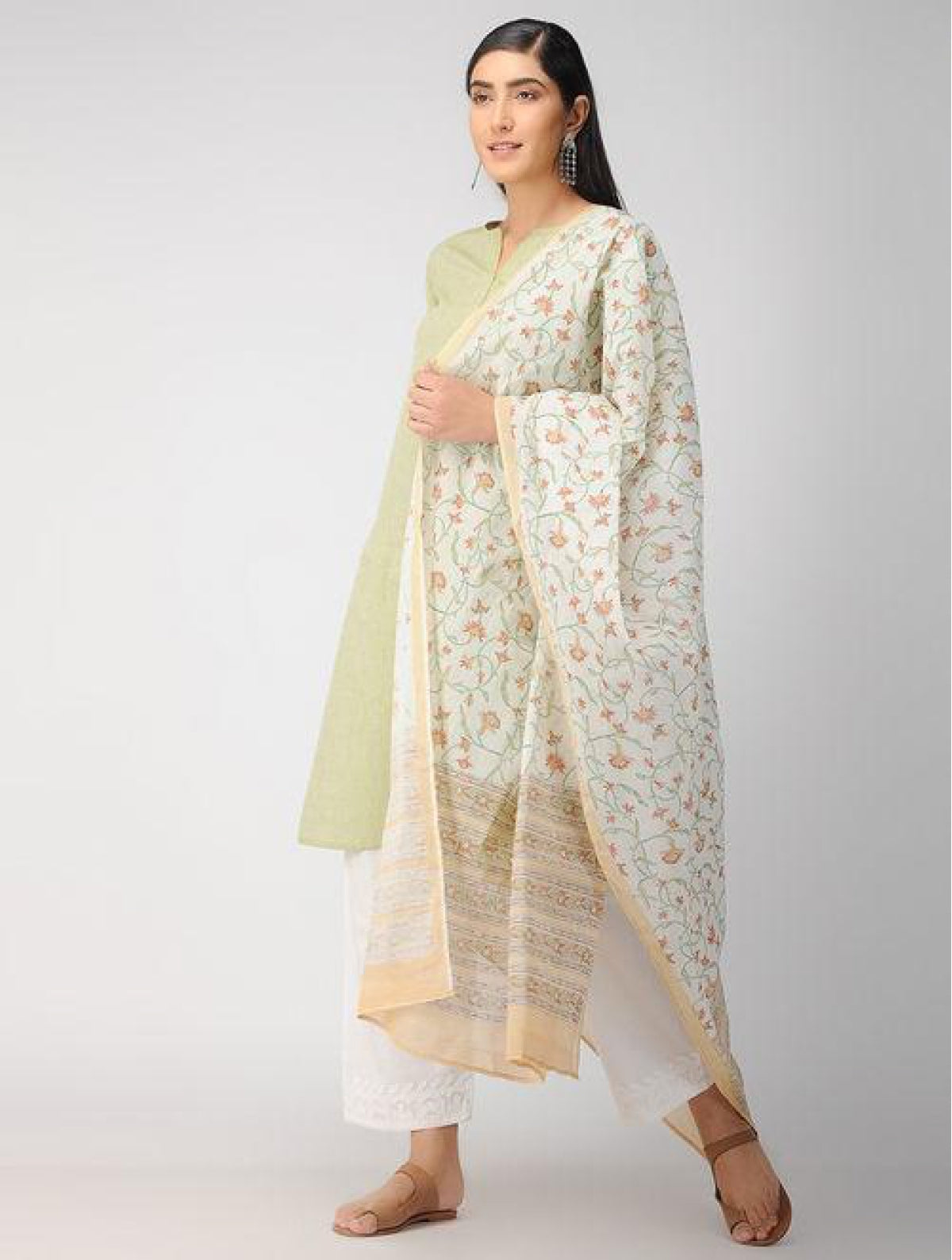 Hand Block White And Yellow Cotton Dupatta