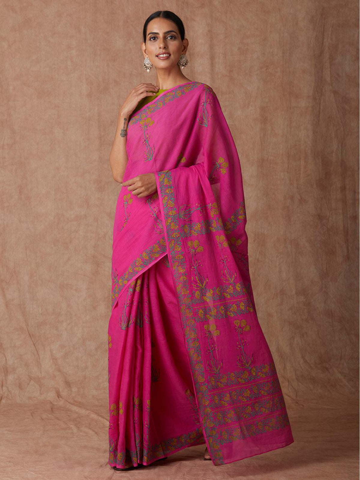 Fuschia Pink Flower Cotton Saree