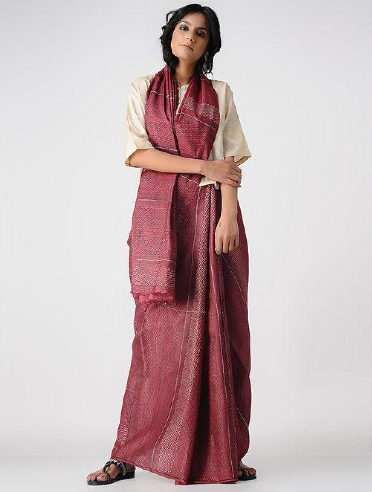 Handcrafted 100 % Tussar Silk Handblock Printed Maroon Saree