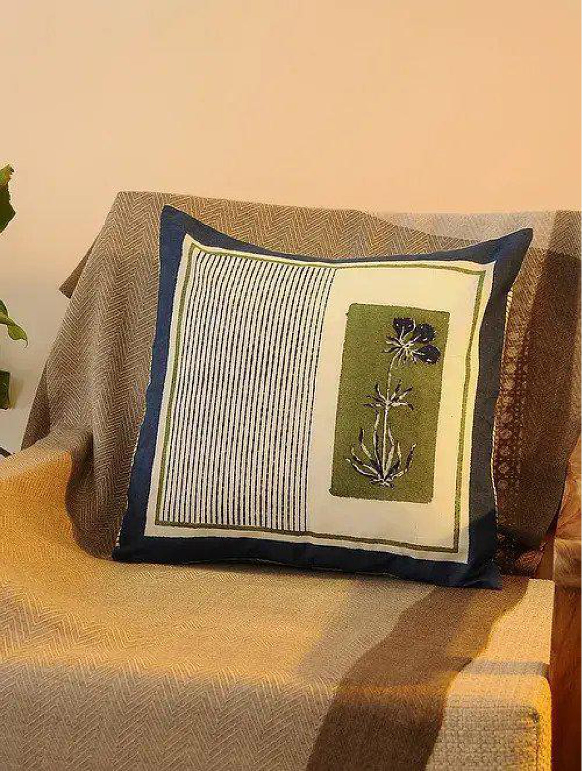 Green & White Set Of 2 Hand Block Printed Cushion Cover