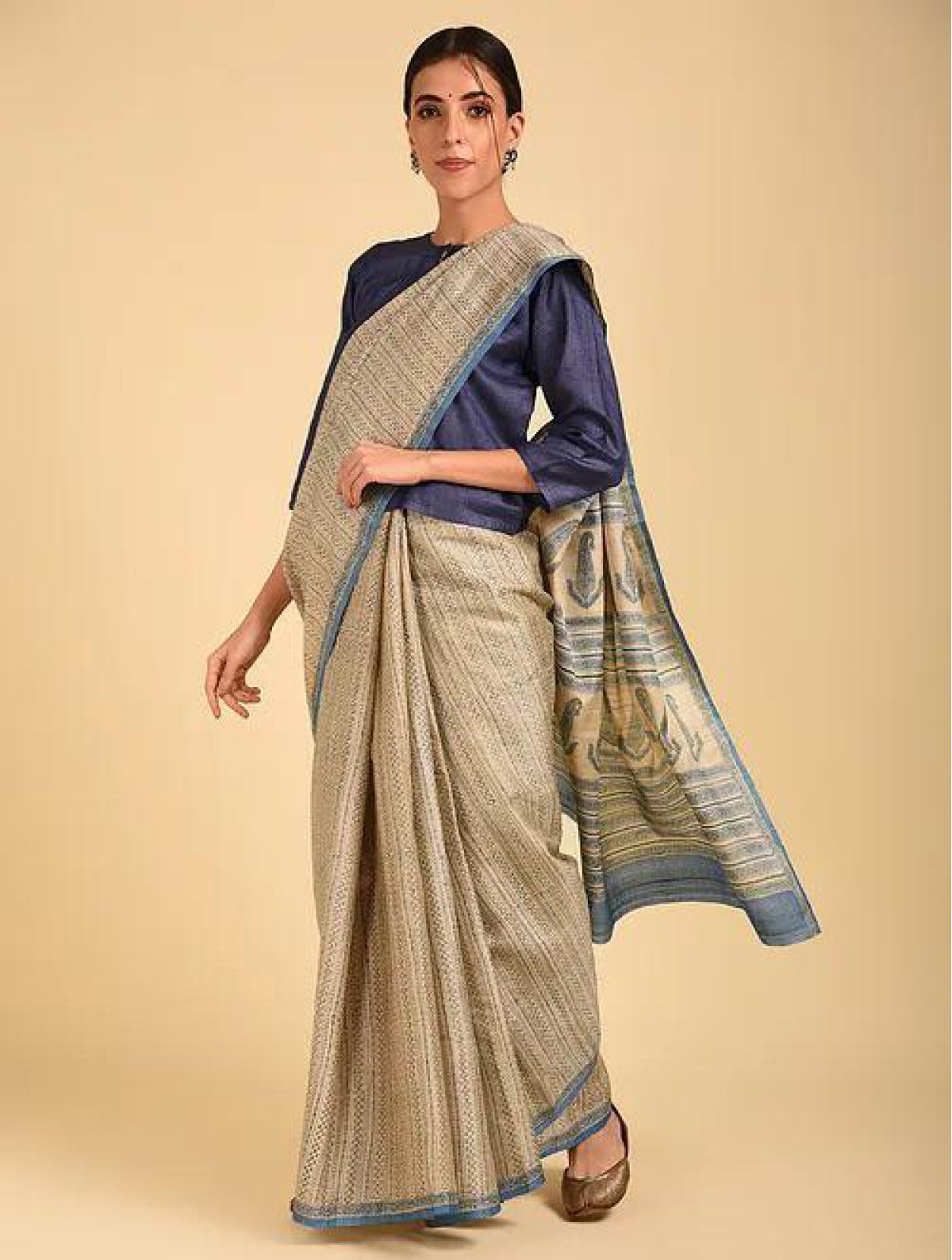 Blue Lined Tussar Saree