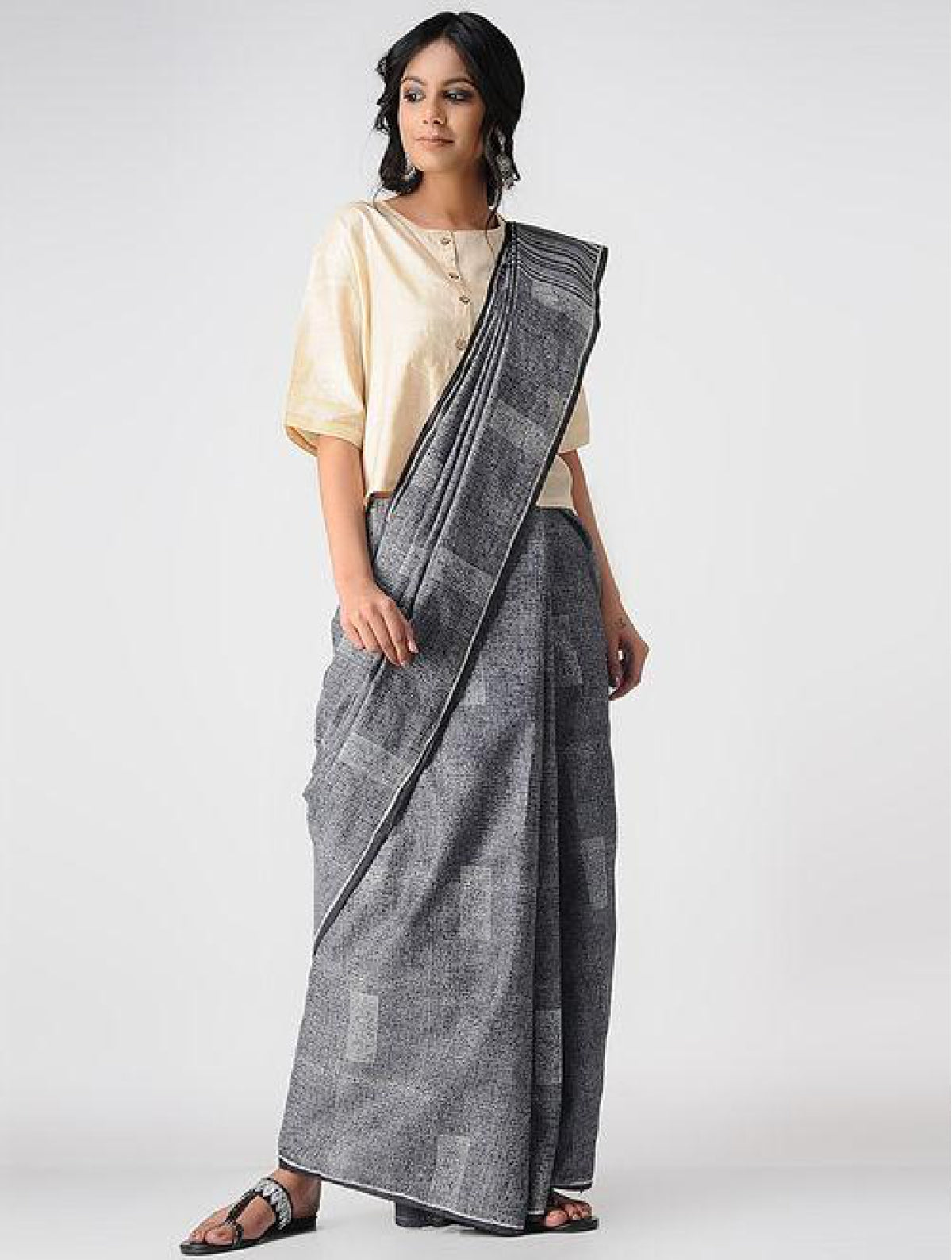 Handcrafted 100 % Tussar Silk Handblock Printed Black Saree