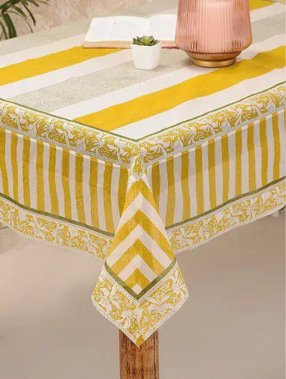 Chanderi White & Yellow Block Printed Table Cover