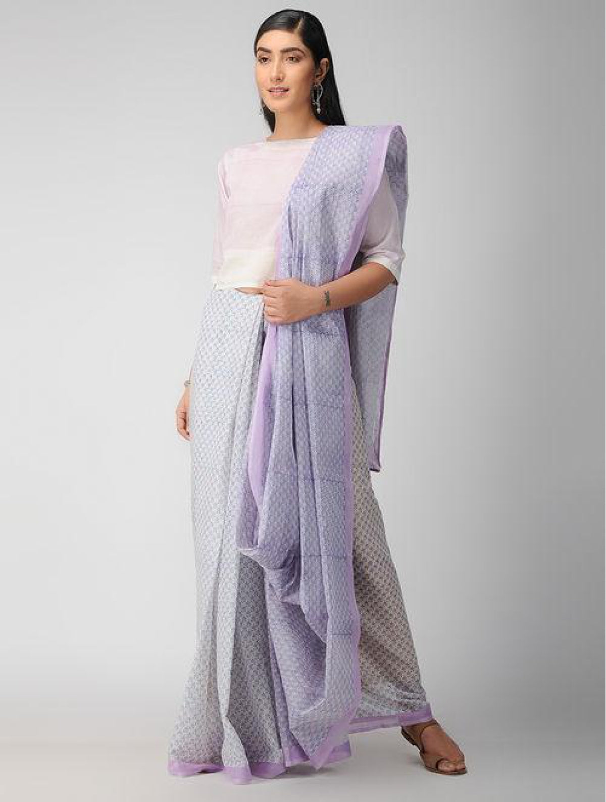 Handcrafted Cotton Hand Print White And Blue Saree