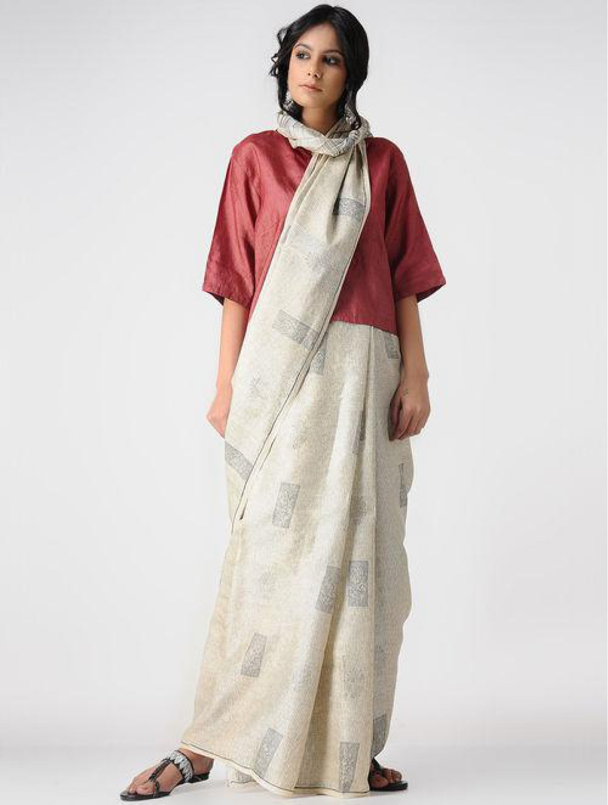 Handcrafted 100 % Tussar Silk Handblock Printed Off White Saree