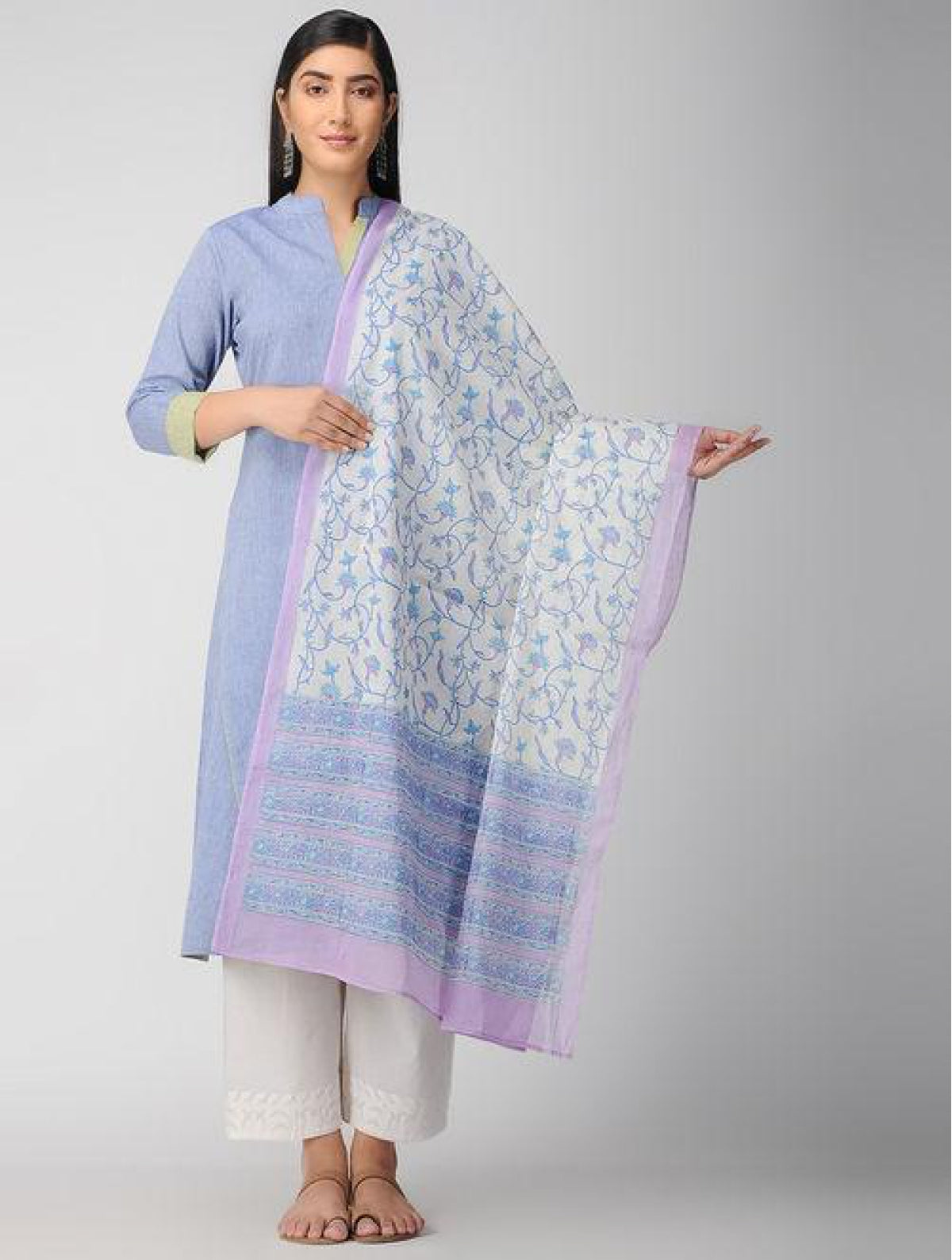 Hand Block White And Blue Cotton Dupatta