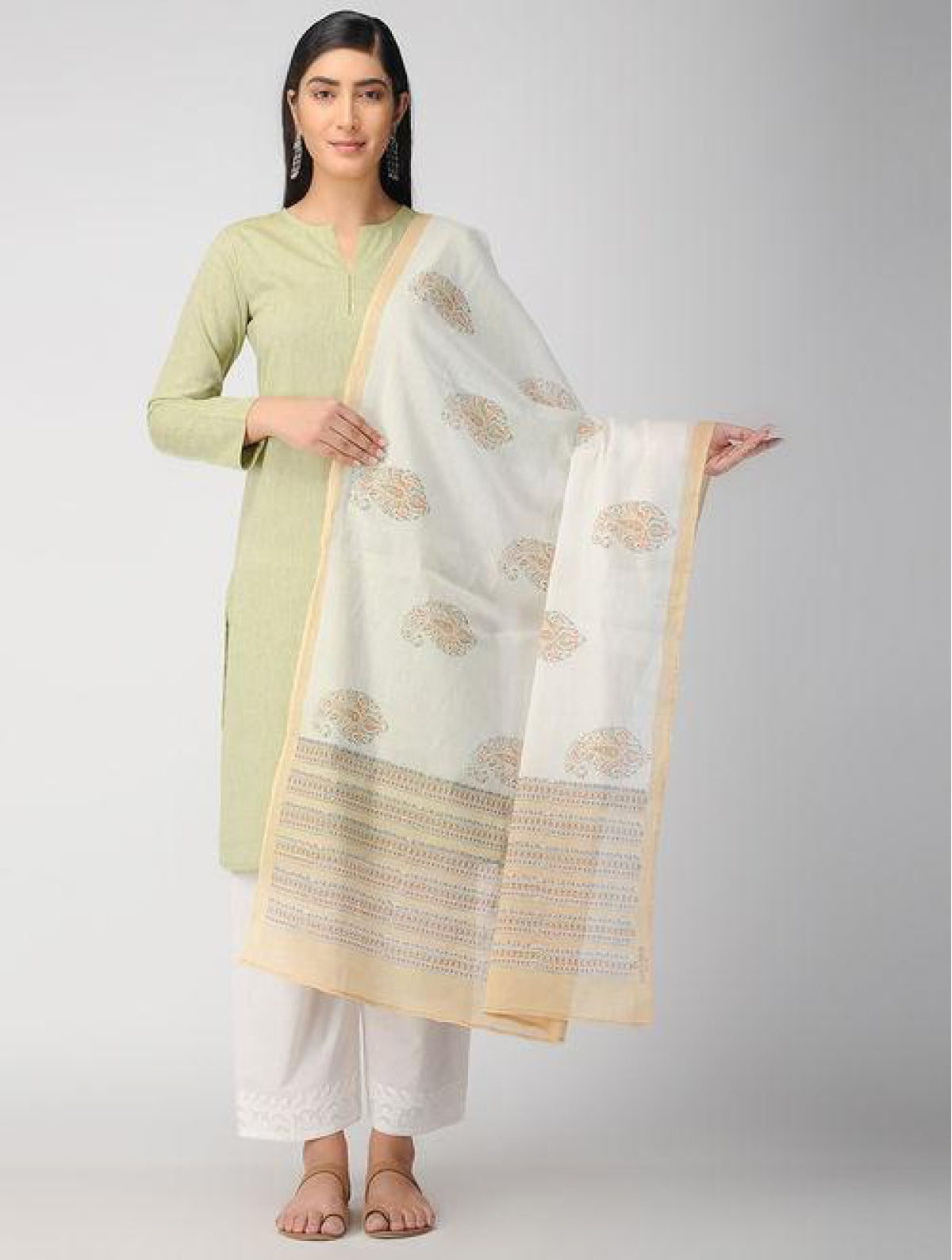Hand Block Yellow And White Cotton Dupatta