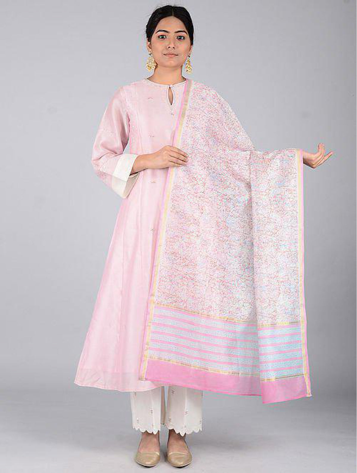 Pink-blue Chanderi Dupatta