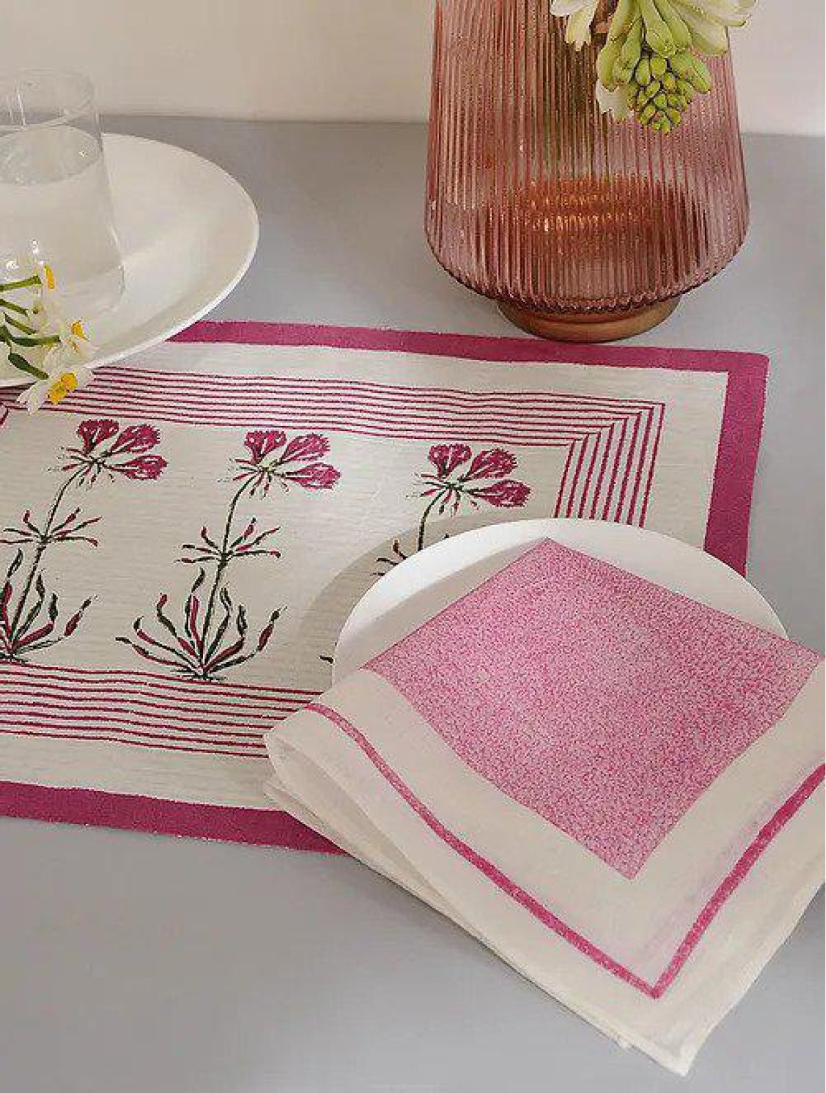 Pink Boota Table Mats with Napkins (Set of 12)