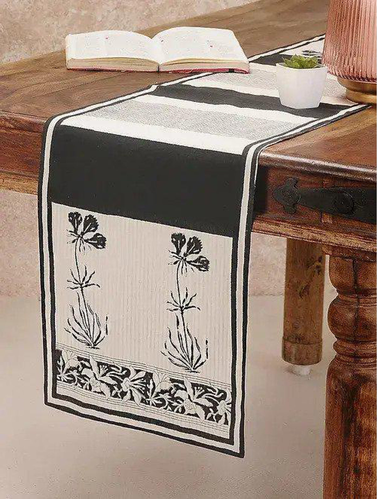 Black & White Hand Block Printed Canvas Table Runner