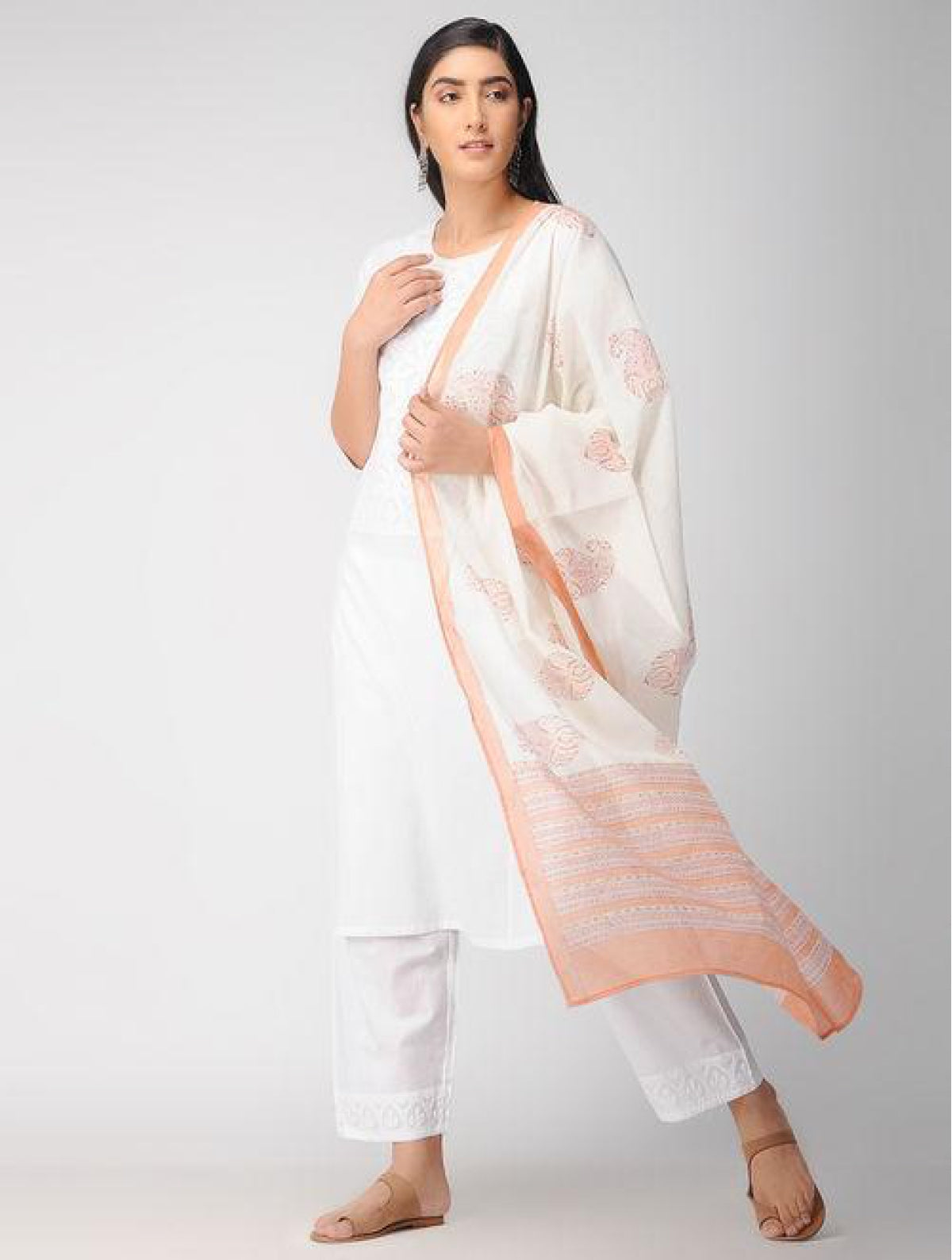 Hand Block Brown And White Cotton Dupatta