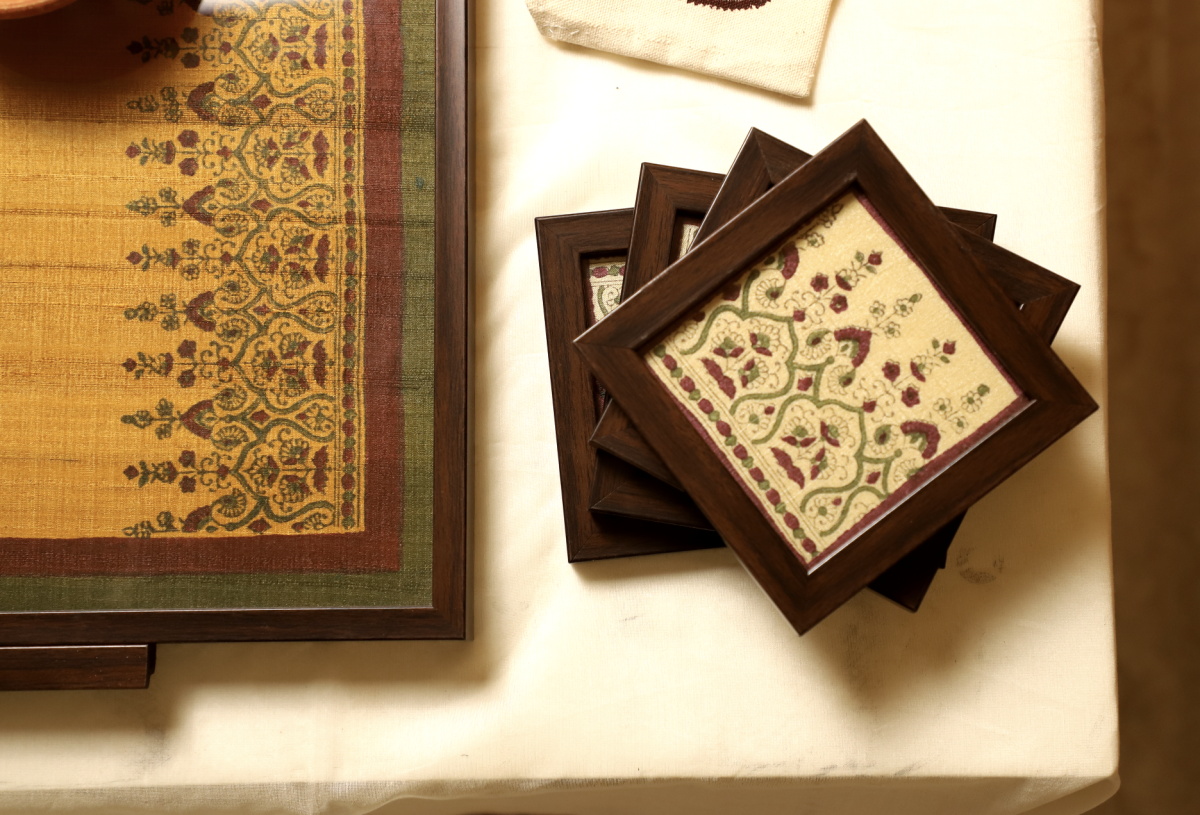 Set Of 6- Wooden Framed Handblock Printed Fabric Coaster