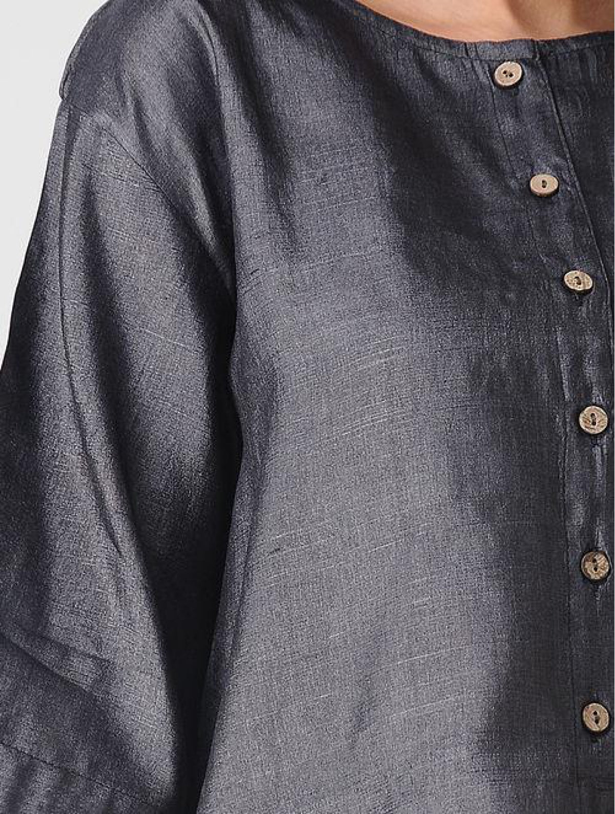 Black Tussar Blouse With Wooden Button