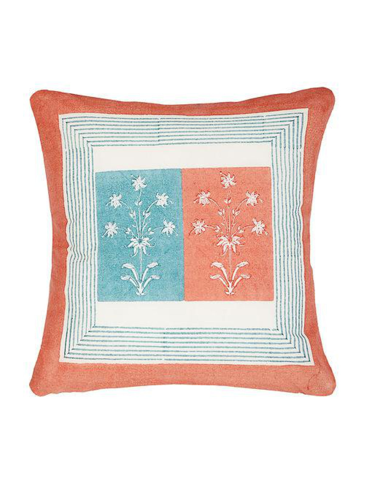 Set Of 2 Hand Block Peach And Blue Cotton Cushion Covers