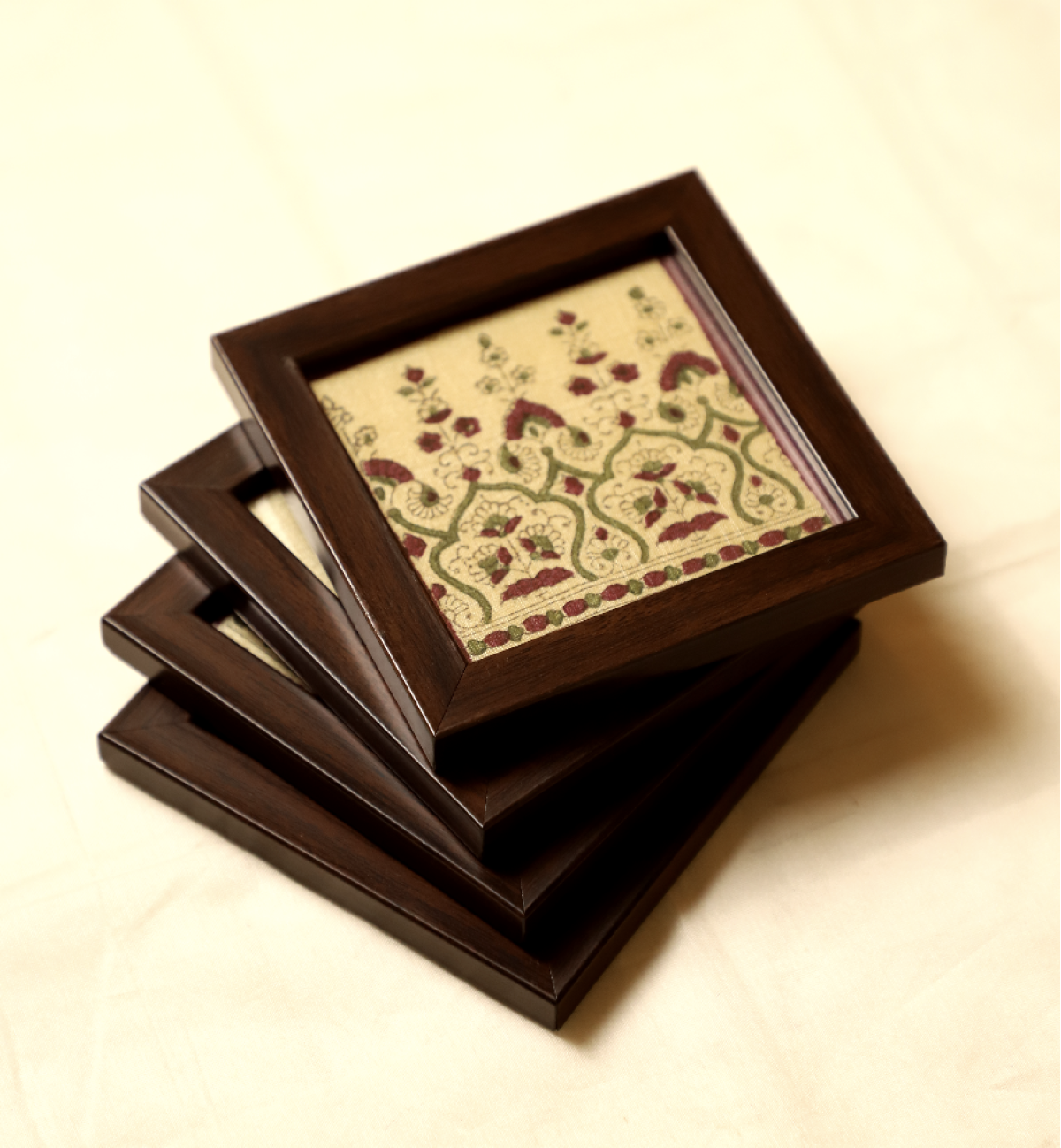 Set Of 6- Wooden Framed Handblock Printed Fabric Coaster