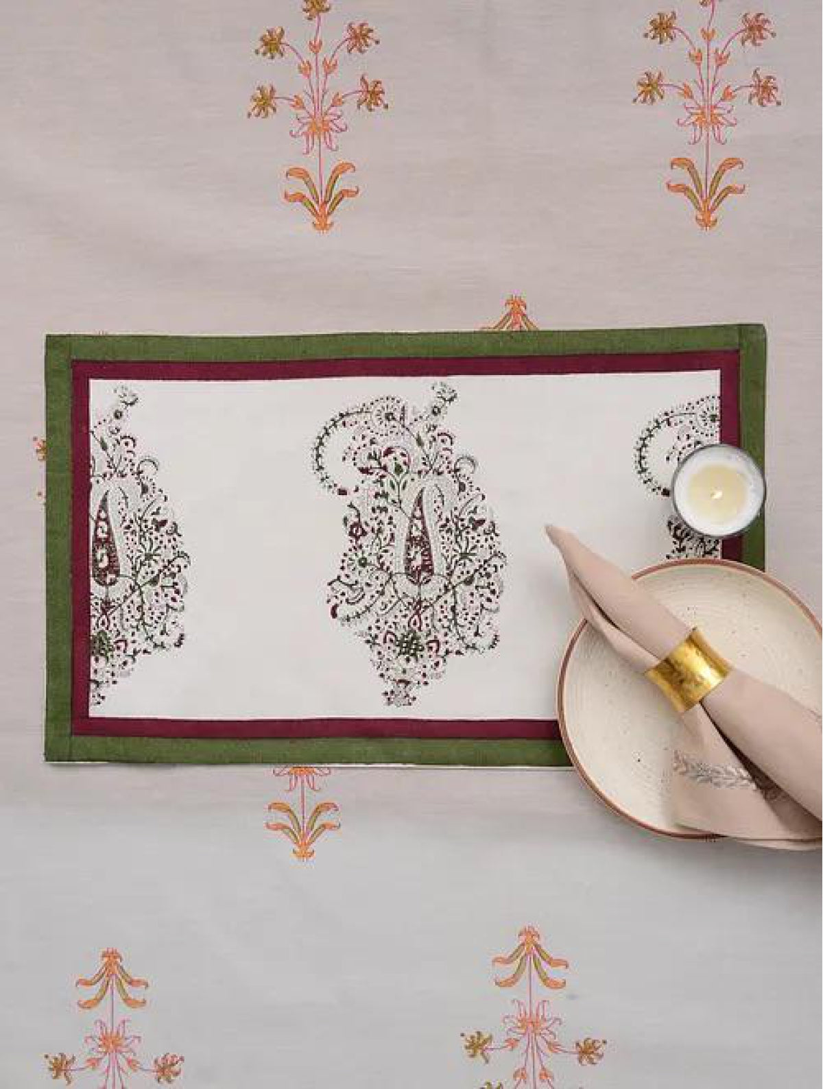 Maroon and Green 3 paisely Table Mats (Set of 2)