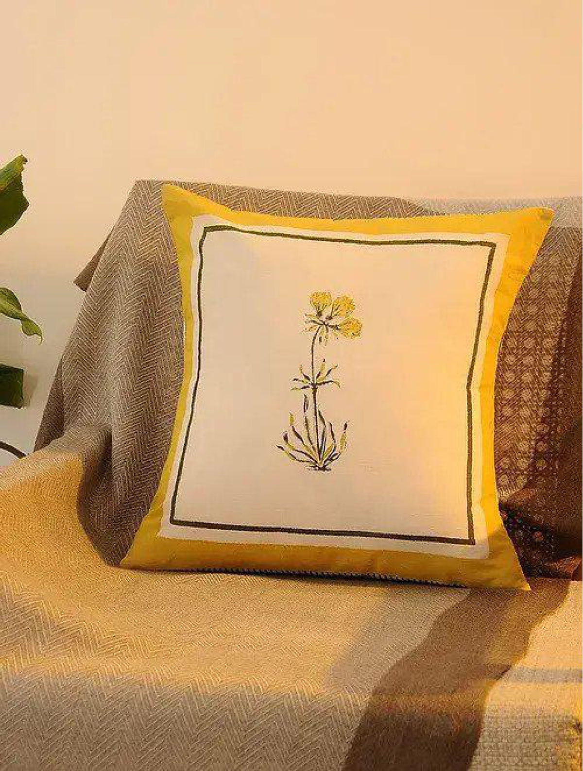 Yellow & White Set Of 2 Hand Block Printed Cushion Cover