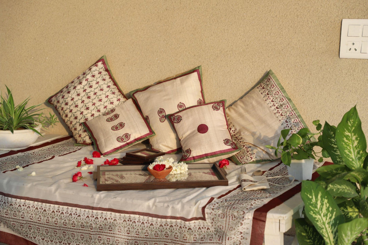 White & Maroon Set Of 2 Hand Block Printed Cushion Cover