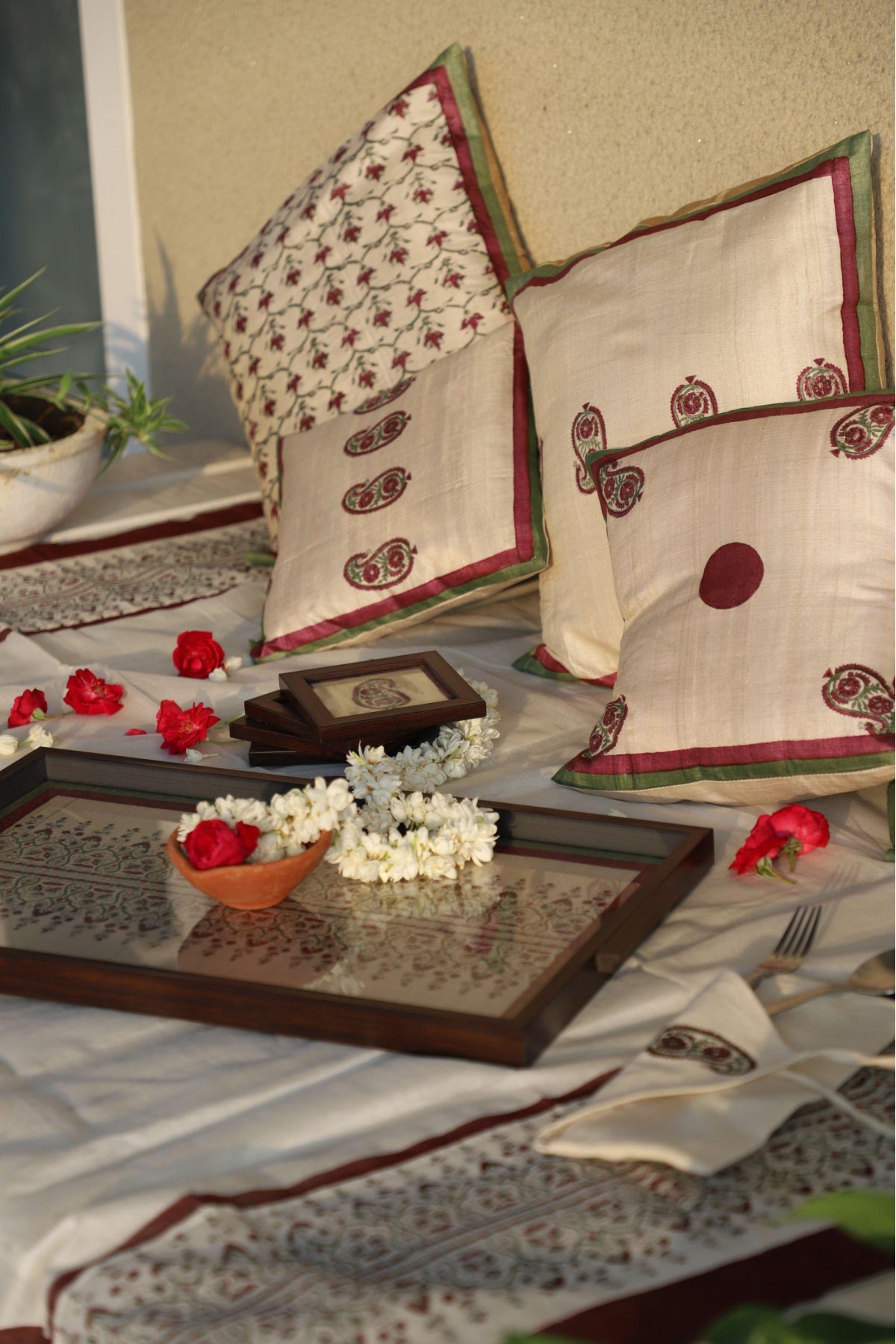 White & Maroon Set Of 2 Hand Block Printed Cushion Cover