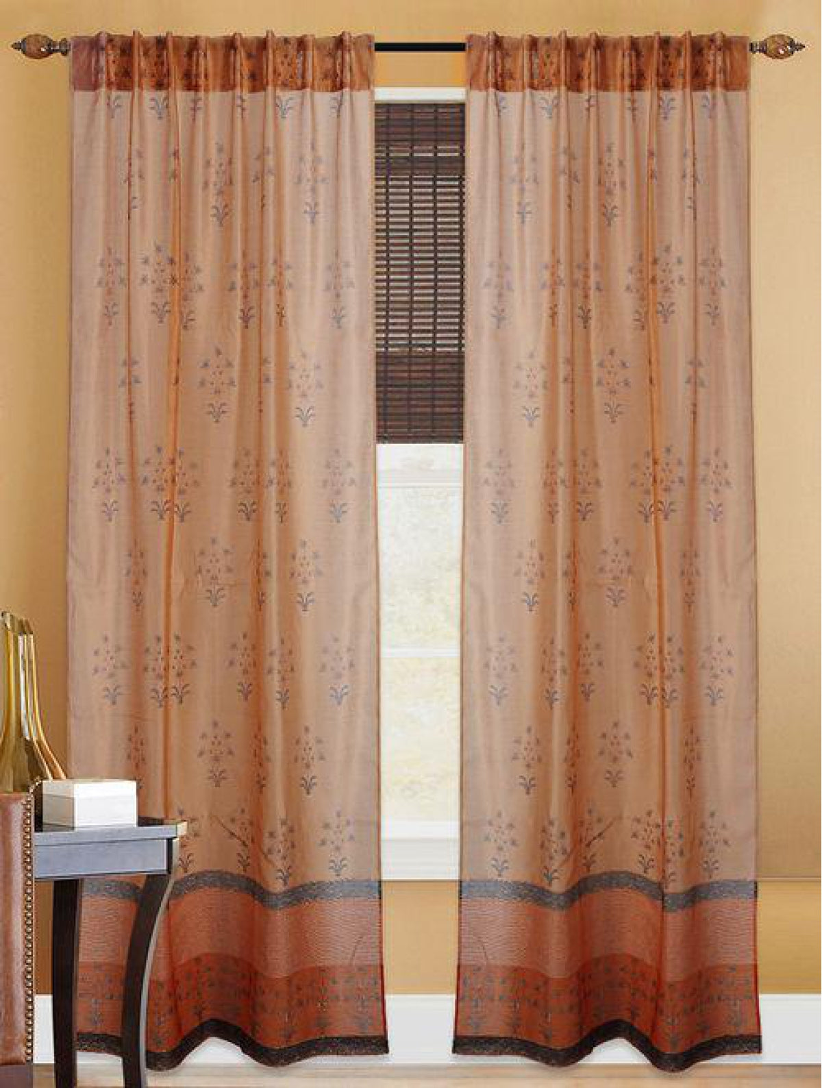 Chanderi Light Orange Boota Blue Curtains (Set of 2)